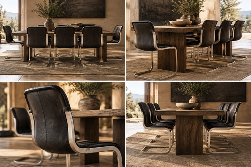 Eetkamerstoelen, zwart leer en metaal