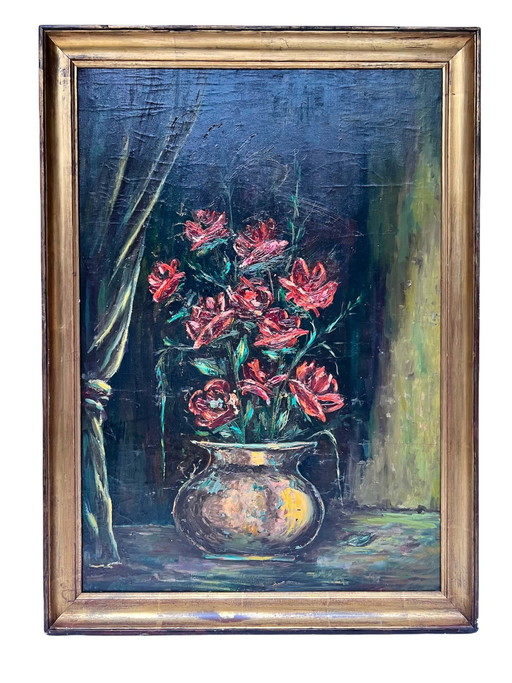 Peinture à l'huile sur toile des années 1950: Vase aux fleurs rouges