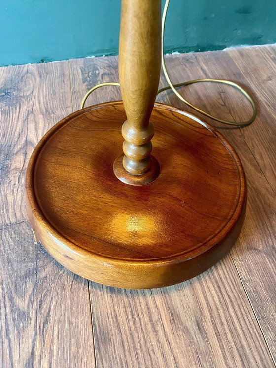 Image 1 of Vintage Mid - Century floor lamp from the 1960s. Lampshade with hunting motifs and turned wooden base in top condition.