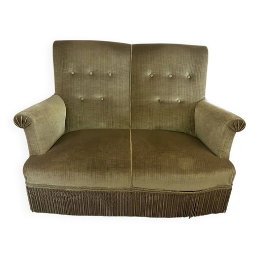 vintage double toad sofa in olive green fabric and trimmings
