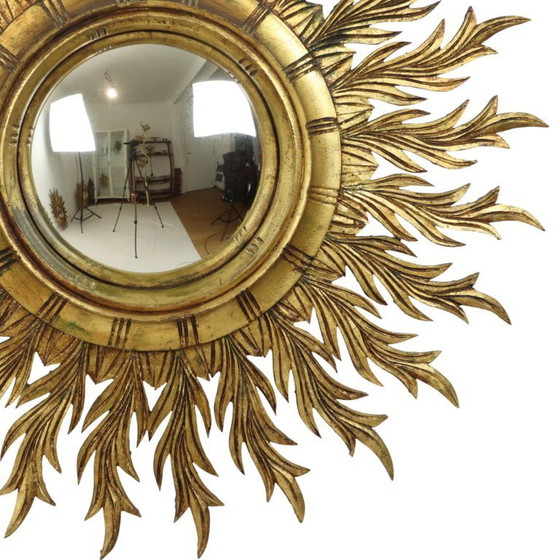 Image 1 of Large Rare Wooden Sun Mirror Sunburst Gold Leaf XL 86cm