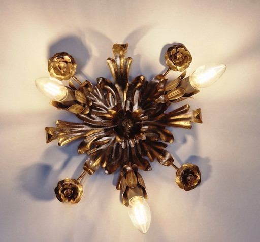 Vintage Florentijnse vergulde metalen plafond- of wandlamp – Illuminazione d’Arte, Florence, jaren 1960