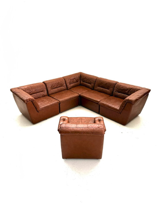 Vintage 6-delige modulaire patchwork elementenbank ‘80, Modulaire banken, Kunststof, Leer, Bruin (foto 4 van 10)