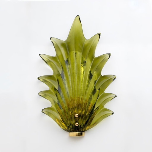 Pair Barovier & Toso Style Modern Italian Murano Glass Leaf Sconces