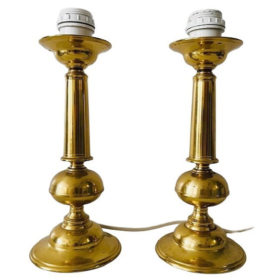 Image 1 of Mid-century paar messing tafellampen goud blauw Hollywood Regency 1950's