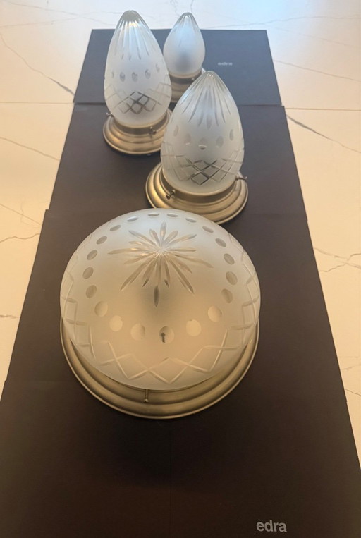Set di 4 lampade da soffitto vintage Art Deco – Stile GISO/Gispen – Vetro tagliato – plafondlampen, Glass