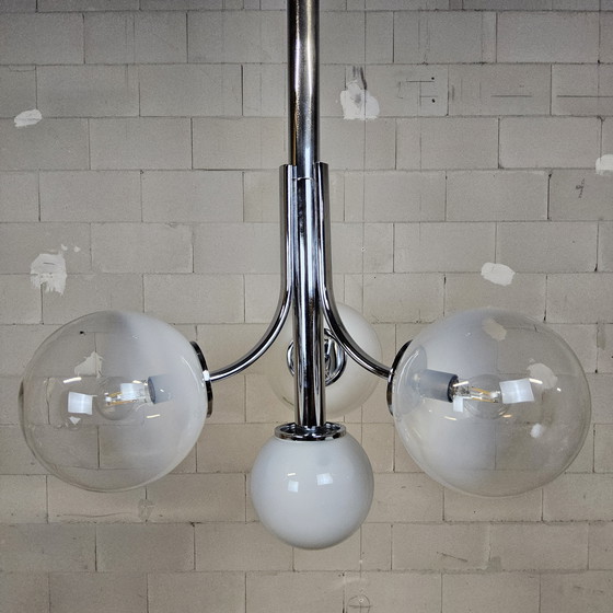 Image 1 of Vintage Space Age Chroom en Murano Glas Italiaanse design Hanglamp (bol glazen) glass pendant lamp