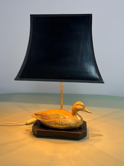 Mid-Century Vintage Hollywood Regency Messing Enten Tischlampe mit Original Schwarz & Gold Schirm, 1970er Jahre. Ref.: TL271