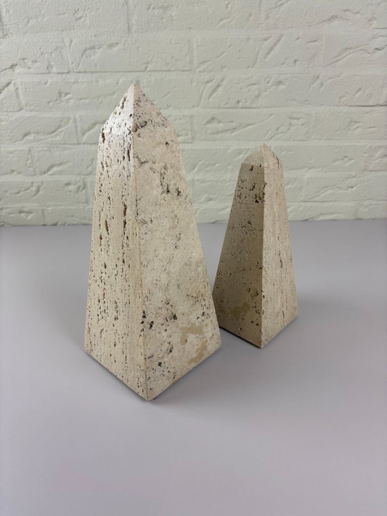 Image 1 of Vintage pair of Italian Travertine Obelisk Sculptures attr. Fratelli Mannelli