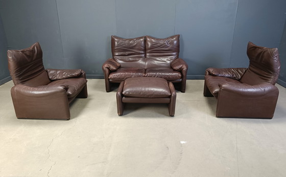 Image 1 of Vintage lederen Maralunga bankstel door Vico Magistretti voor Cassina, 1973