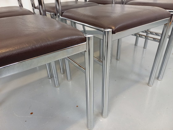 Image 1 of Set di 6 sedie vintage anni '70 in metallo cromato e similpelle marrone