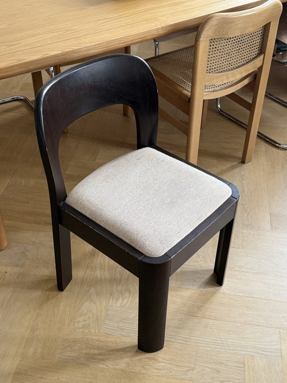1x vintage design brutalist houten stoel met stoffen zitting in – Eetkamerstoelen, Textile, Wood (photo 4 of 6)