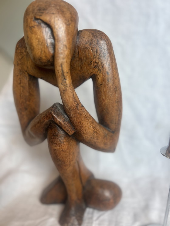 Image 1 of Houten beeld vintage années 70 70 de denker robuste groot