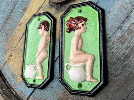 Image 1 of Vintage Cast Iron Toilet Restroom Signs Boy Girl Mint Green