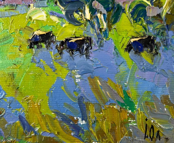 Image 1 of Original Oil Painting Sunset Summer Landscape Gold on the horizon