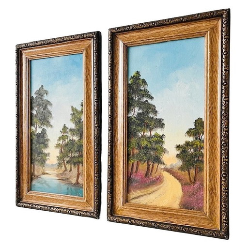 Serie di dipinti ad olio vintage raffiguranti alberi e paesaggi forestali