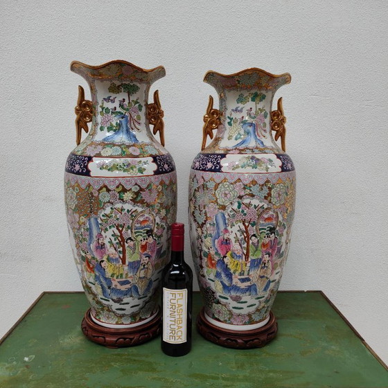 Set Large Vintage Oriental Vases Baluster Vases, Canton Porcelain (photo 3 of 17)