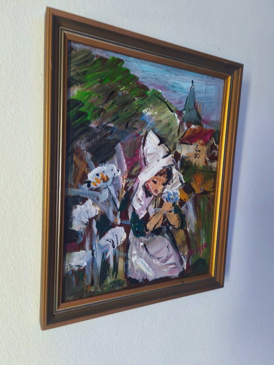 Image 1 of Original Signed Oil Painting Vintage Expressionist Woman Folk Art Framed
