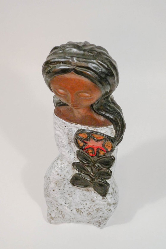 Image 1 of Mid-Century Ceramic Sculpture of a Woman with Flower by Rogier Vandeweghe for Perignem / Amphora, Belgium, 1960s