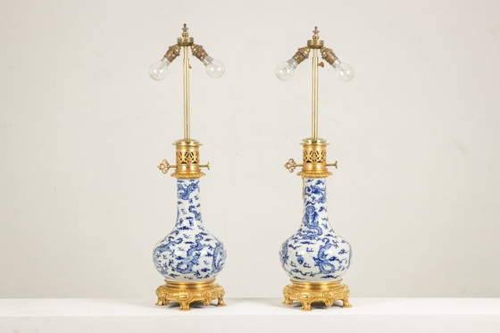 Image 1 of Pair of porcelain lamps decorated with dragons and gilt bronze. Circa 1880