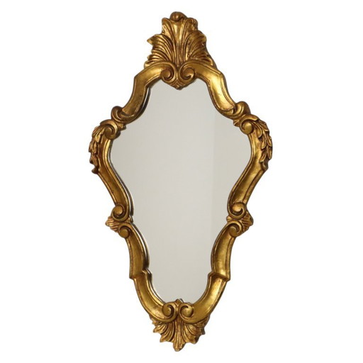 Espejo antiguo estilo barroco con remate, clásico dorado, Francia, 62 cm.