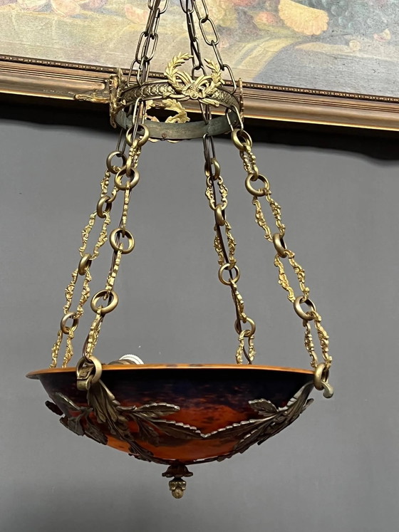Prächtiger Art-Deco-Kronleuchter mit der Signatur „Noverdy France“. – Pendelleuchten, Bronze, Glass, Art Deco (photo 6 of 10)