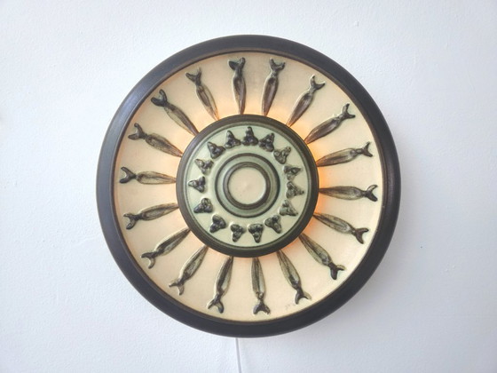 Image 1 of Keramieken vintage wandlamp, aardewerken brutalist wandlamp, groene en bruine aardetinten keramieken lamp