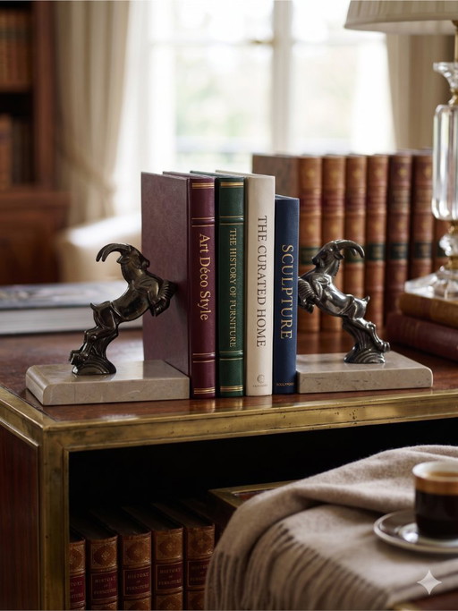 Serre-livres Art Déco bouquetins en régule patiné sur socle marbre taupe – paire années 1930