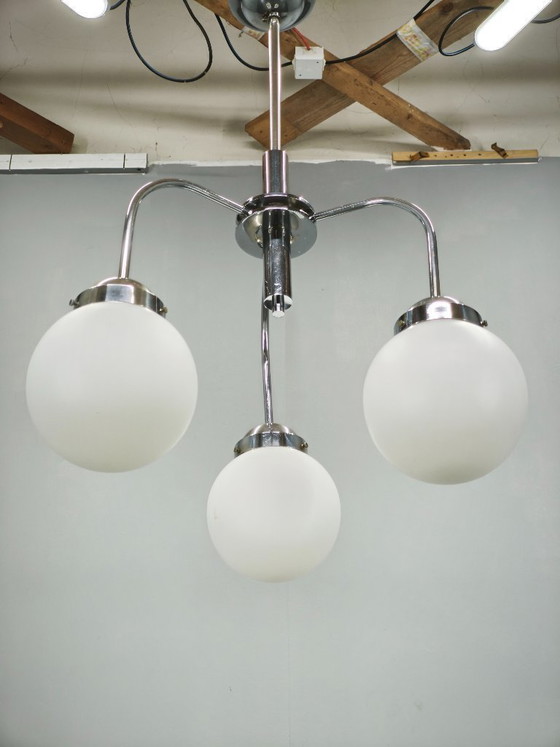Image 1 of 1940s Czech Bauhaus Chandelier with Opaline Glass Globes