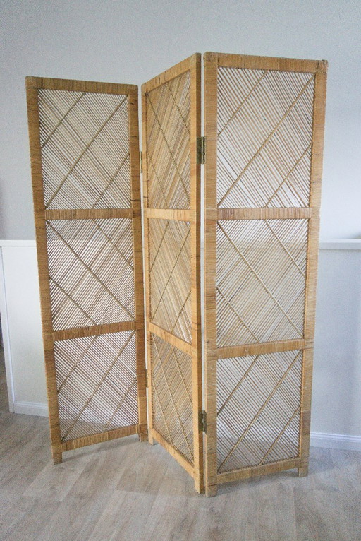Biombo/paravientos plegable de 3 paneles estilo bohemio vintage de los años 60/70, de ratán natural "Rotan".