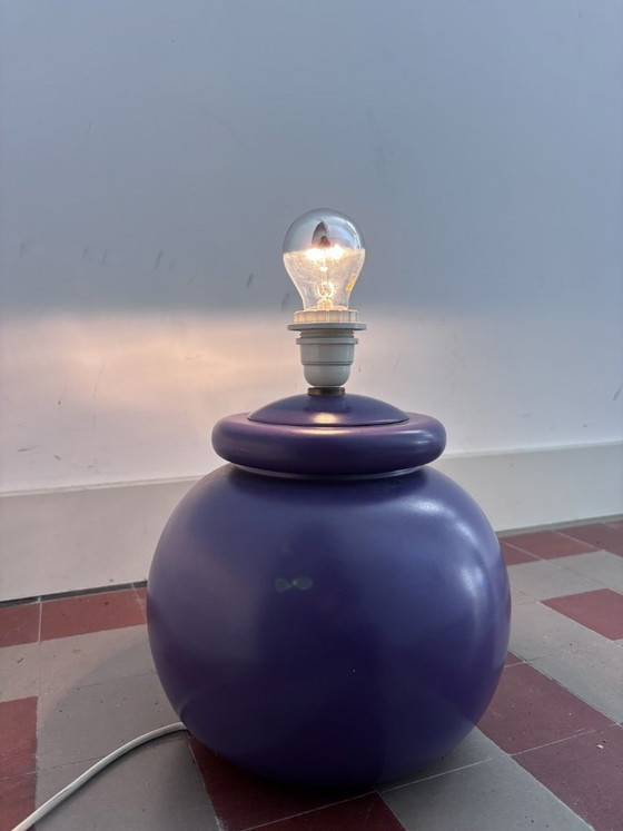 Postmodern Kostka France Table Lamp (Purple, 1980s) with Vintage Moiré Shade – Ceramic (photo 14 of 14)