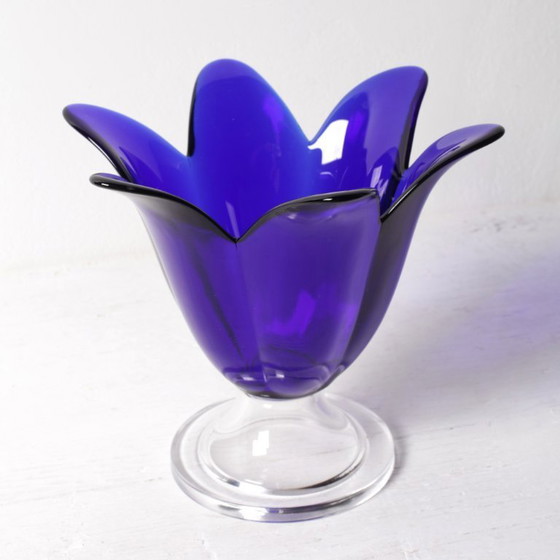 Image 1 of Cobalt Blue Vintage Glass Vase / Mid-century Tulip Flower Vase / Studio Nova / Portugal / 1980s