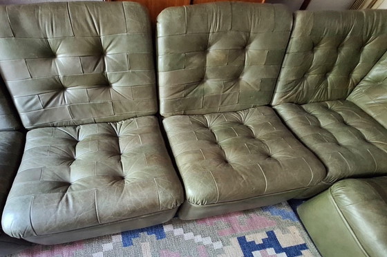 Image 1 of Patchwork Modular Sofa Set in Olive Green Patinated Leather by Laauser 1970s