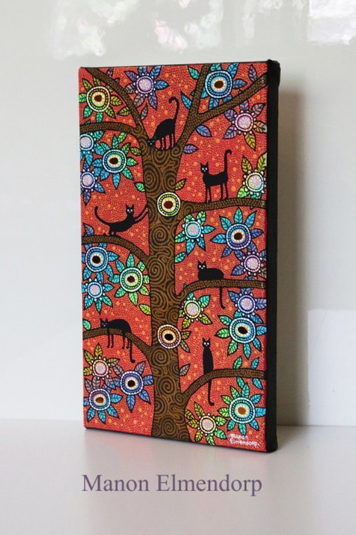Unique Hand-painted Painting Cats in Tree 30x18 cm