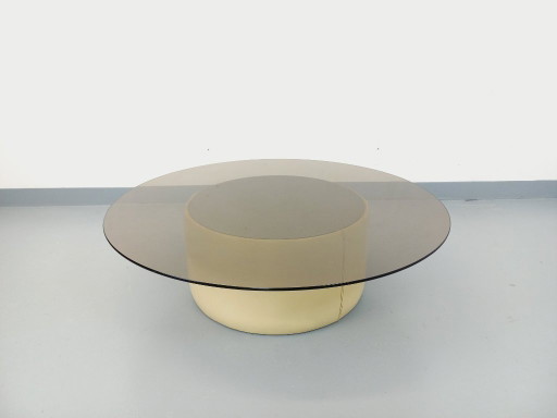 Vintage ronde salontafel van glas, leer en metaal, in Space Age-stijl uit de jaren 70.