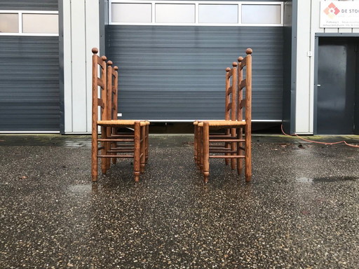 Oak and wicker dining chairs Georges Robert France 1960s