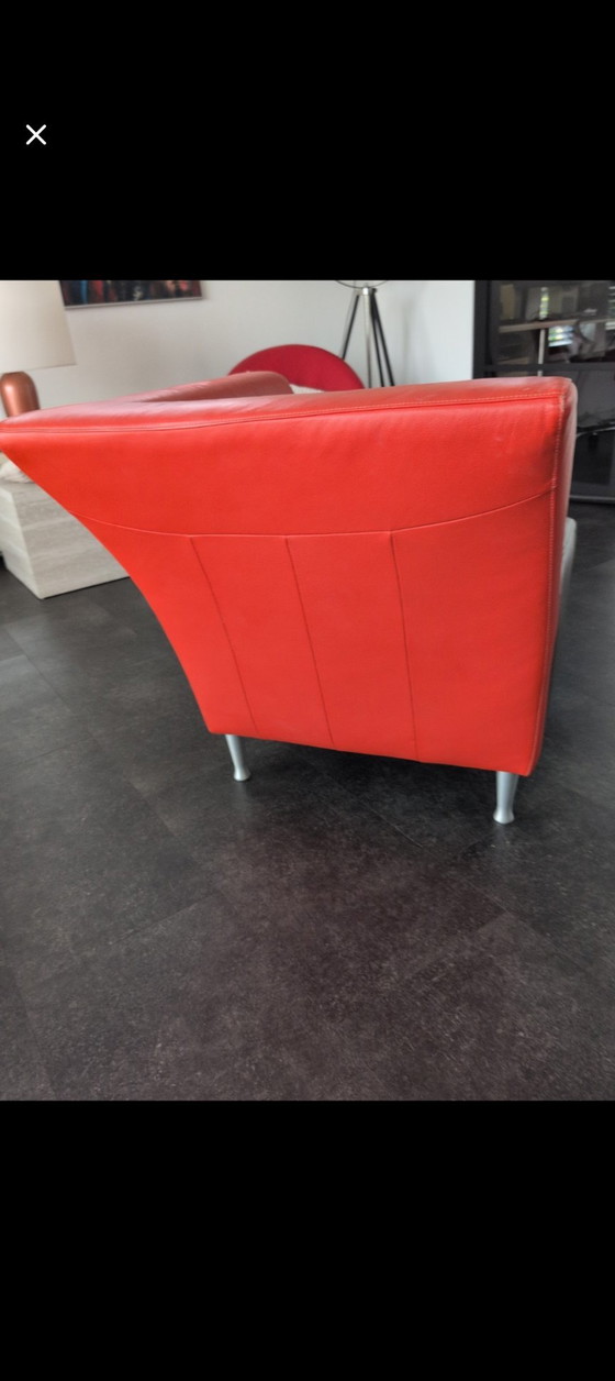 Image 1 of Montèl design fauteuil – rood leer met donkerbruin