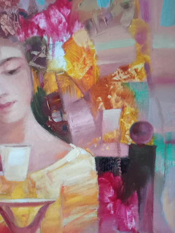 Peinture à l'Huile Originale Figurative Abstraite Fille Une Tasse de Café – Peintures et dessins, Canvas (photo 6 of 9)