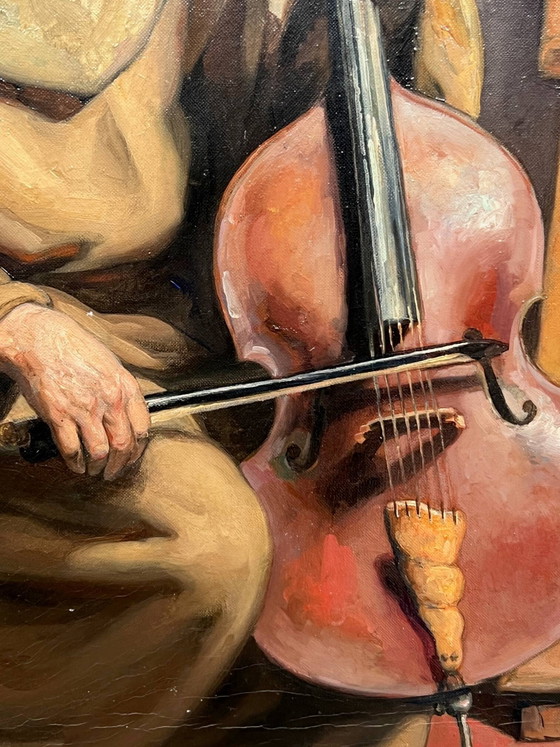 Painting signed “Monk playing the cello”. – Paintings & Drawings, Canvas (photo 3 of 7)