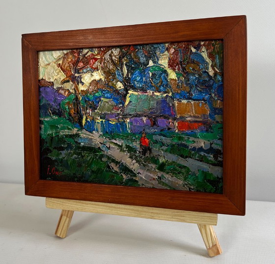 Image 1 of Original Oil Painting Sunset Village Landscape Cool wind in the evening