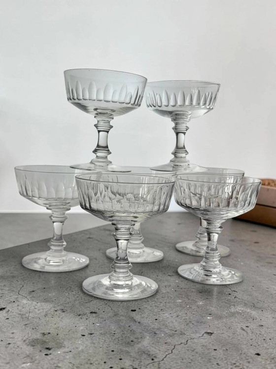 7 Kristall-Champagnercoupes aus den 1950er Jahren – Gläser & Karaffe, Crystal, Glass, Art Deco (photo 11 of 11)