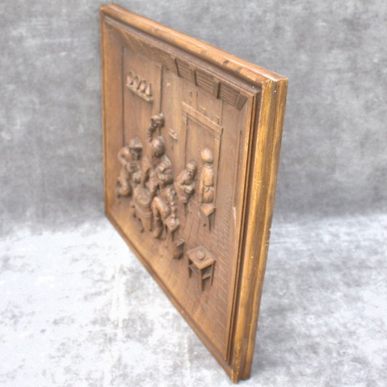 Image 1 of Faux Wood Carved Wall Panel 18 x 15 inch drunk men in an old pub 45,5 x 38 cm Vintage Home Decor wall art architectural salvage