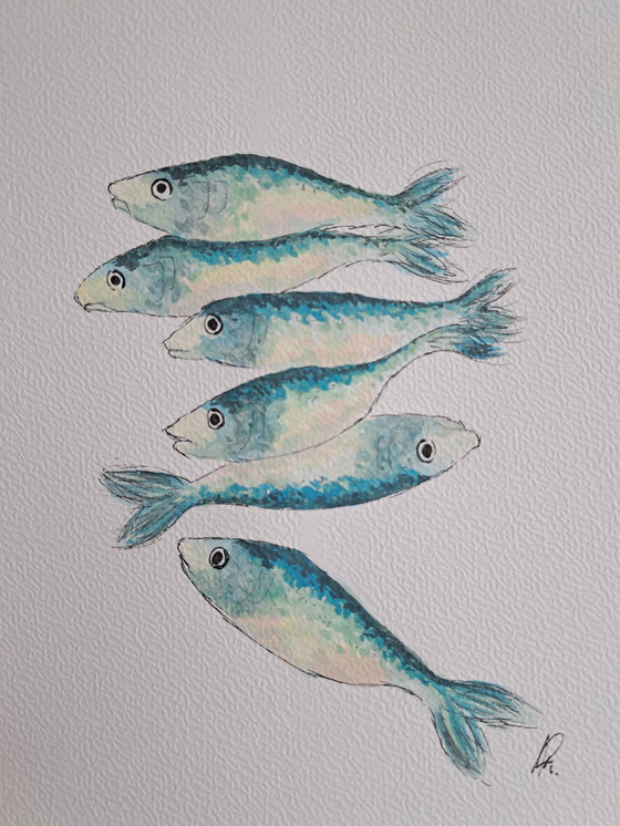 Image 1 of Escuela de sardinas en acuarela | Marco dorado