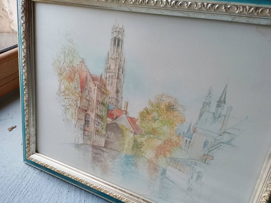 Image 1 of Watercolor print of a Flemish landscape, signed