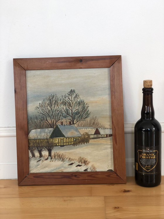Image 1 of Vintage Original Cottage Oil Painting: Framed Winter Landscape Art