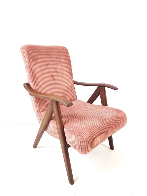 Vintage teak houten fauteuil | fauteuiltje roze nieuw