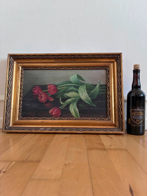 Image 1 of Vintage original flower oil painting, tulips still life art