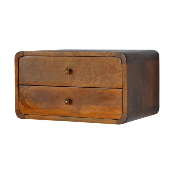 Image 1 of Table de chevet suspendue en bois de manguier avec 2 tiroirs – Finition châtaigne