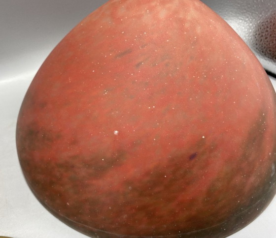 Image 1 of Art Nouveau style brass table lamp with red/black mushroom art de France glass