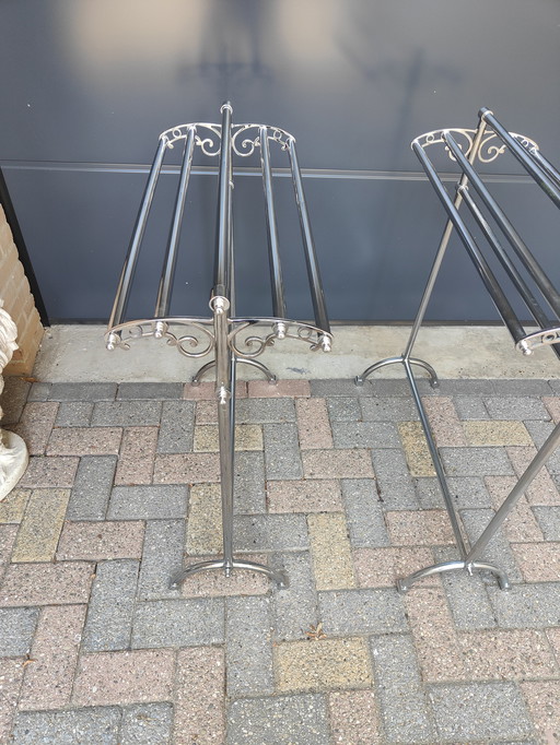 set of two retro standing towel racks, chrome